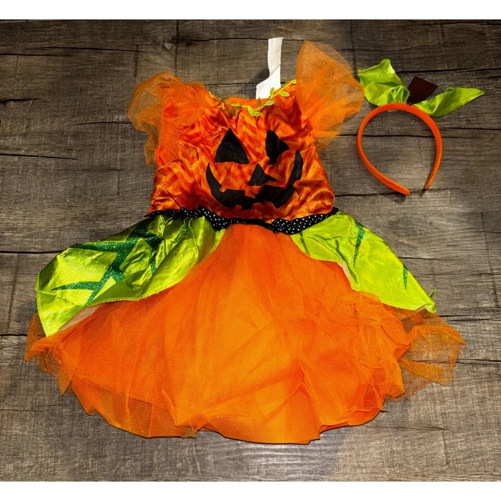 Kids Pumpkin Tutu Dress Halloween Costume with Matching Headband‎ Orange Green